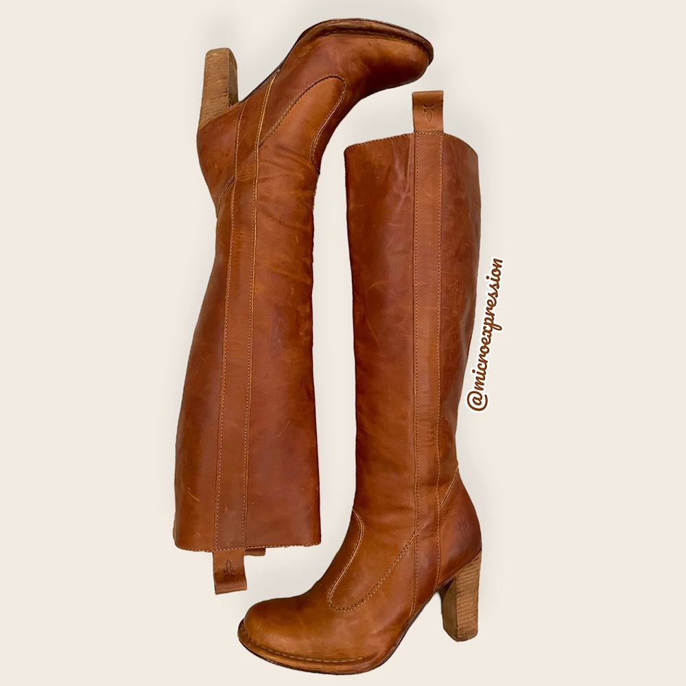 $399 Frye Villager Pull On Knee High Cognac Leather Tall Heeled Distressed Boot - Picture 6 of 15